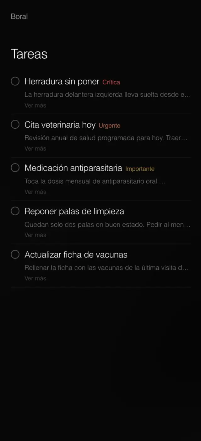 Lista de tareas de Boral con avisos críticos, urgentes e importantes del centro ecuestre.