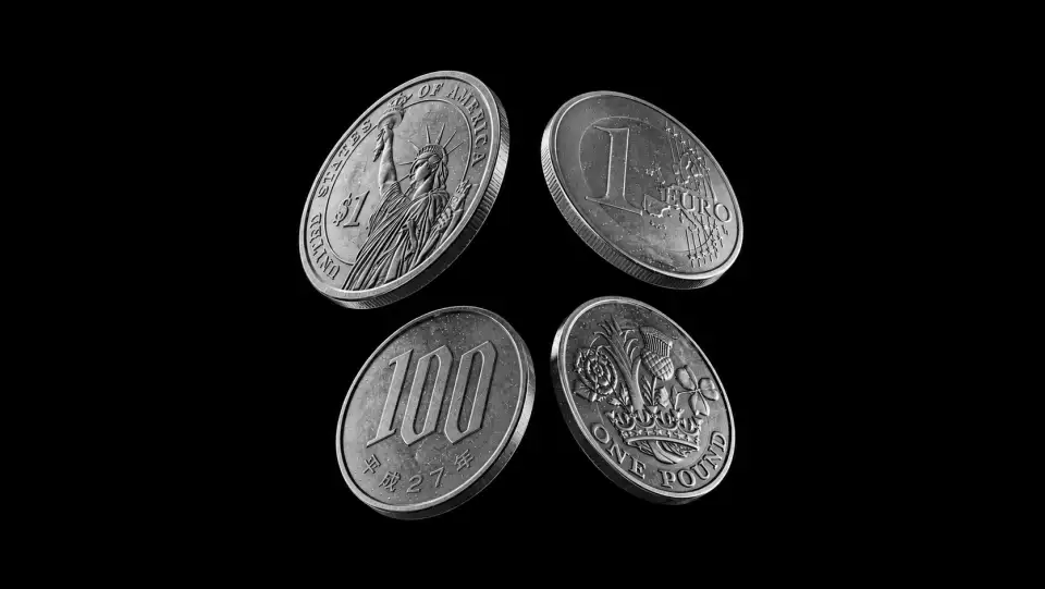 Monedas flotando que representan varias divisas